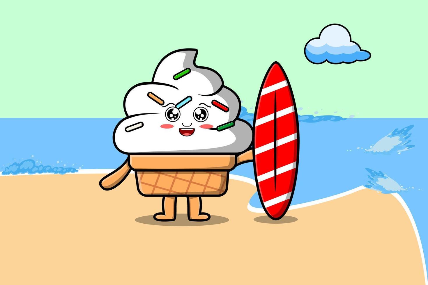 carino cartone animato ghiaccio crema personaggio giocando fare surf vettore