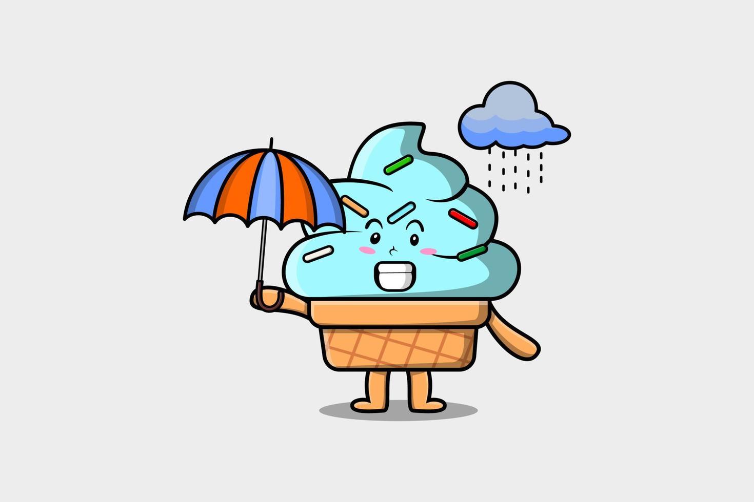 carino cartone animato ghiaccio crema nel pioggia utilizzando un ombrello vettore