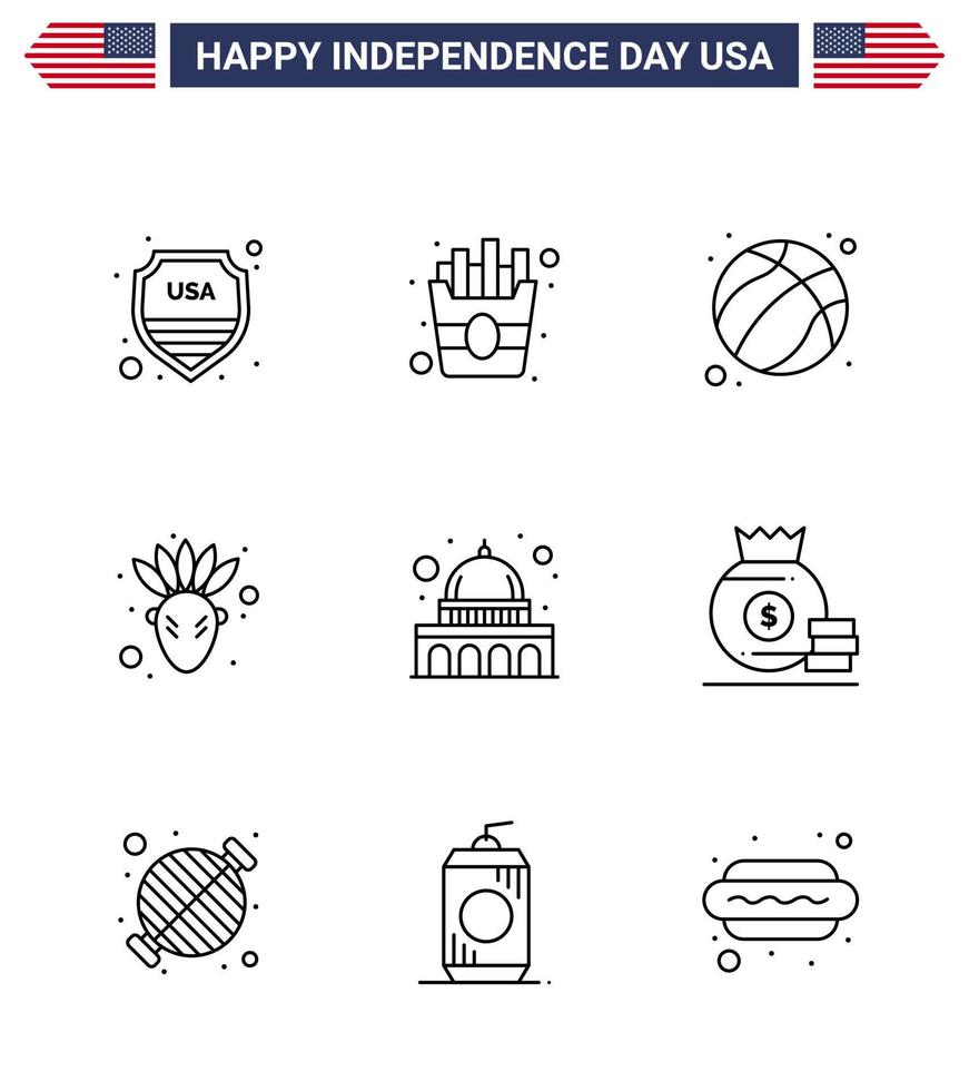 9 creativo Stati Uniti d'America icone moderno indipendenza segni e 4 ° luglio simboli di Wisconsin madison palla Campidoglio nativo americano modificabile Stati Uniti d'America giorno vettore design elementi