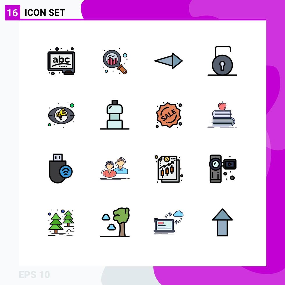 16 piatto colore pieno linea concetto per siti web mobile e applicazioni visualizzazioni occhio freccia sicurezza serratura tampone modificabile creativo vettore design elementi