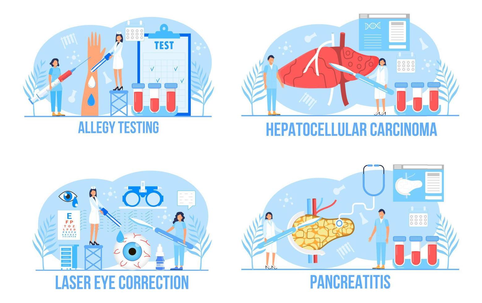 epatologo, allergia test, pancreatite, laser occhio correzione concetto impostato vettore per medico siti web, atterraggio pagina. epatocellulare carcinoma concetto vettore.