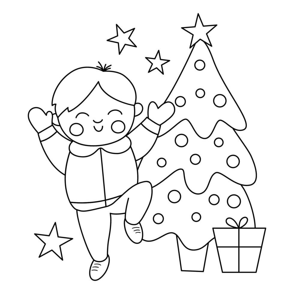 carino divertente nero e bianca ragazzo in piedi vicino decorato abete albero, stelle, i regali. vettore inverno vacanza schema illustrazione. nuovo anno festa colore libro per bambini. Natale colorazione pagina.