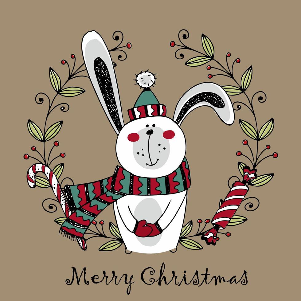 allegro Natale saluto carta. carino coniglietto nel un' sciarpa nel inverno. scarabocchio stile. vettore. vettore