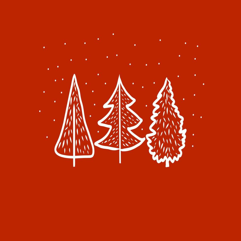 contento nuovo anno e Natale saluto carta con stilizzato abete rosso e abete albero su rosso sfondo, luminoso Stampa per design nel scarabocchio stile, vacanza arredamento, abbigliamento, cartolina, inverno mano disegnato clip arte vettore