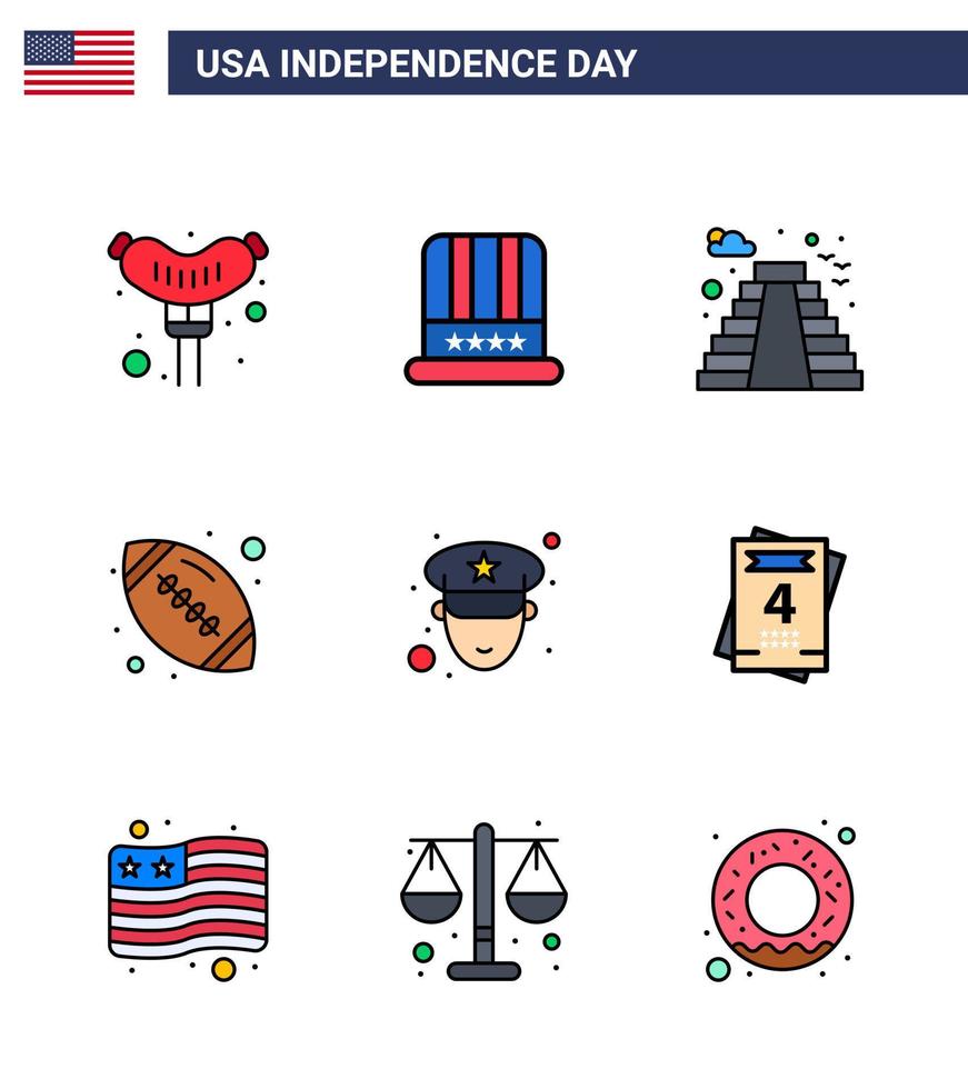 gruppo di 9 piatto pieno Linee impostato per indipendenza giorno di unito stati di America come come polizia uomo edificio americano palla Rugby modificabile Stati Uniti d'America giorno vettore design elementi