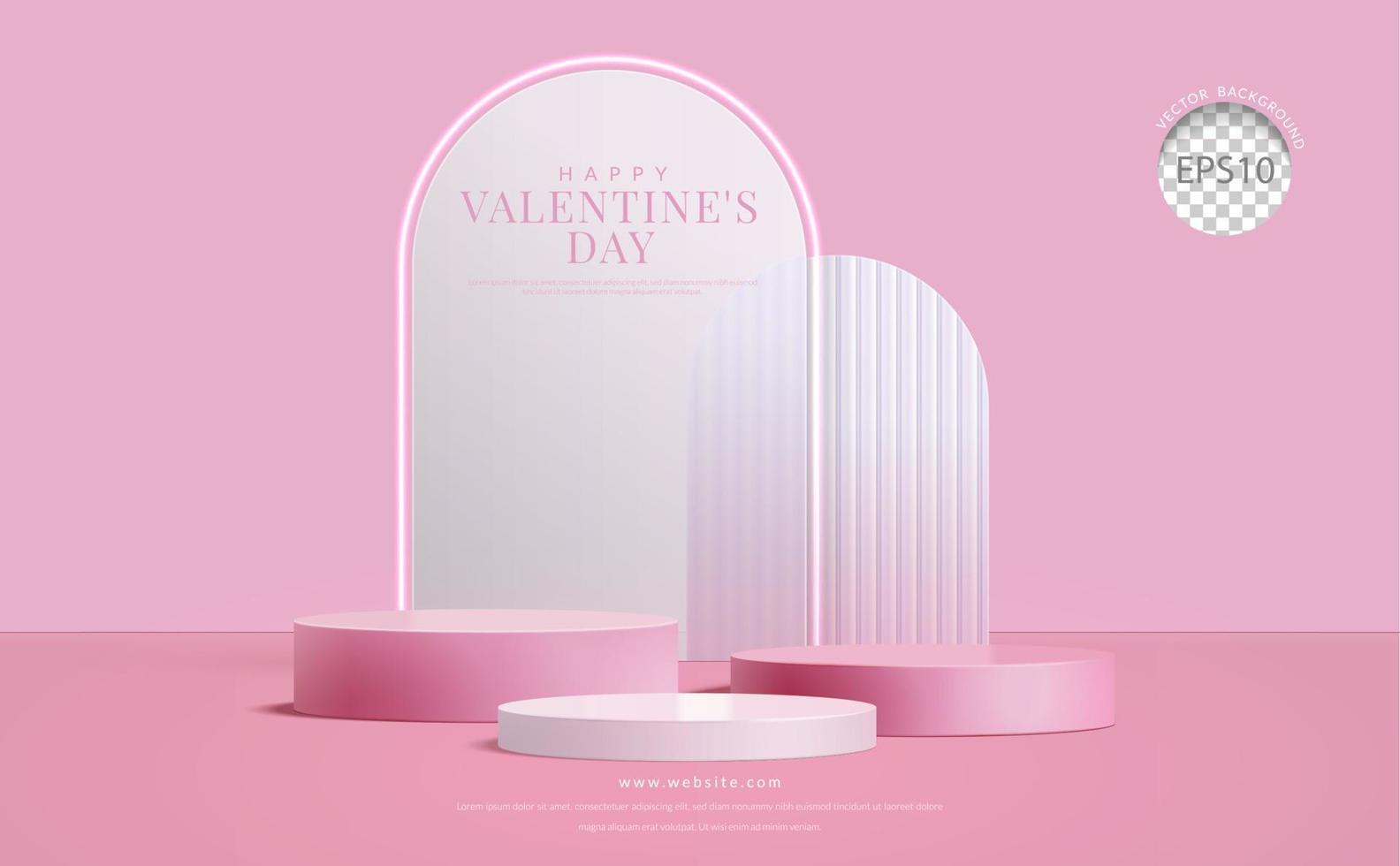 San Valentino giorno sfondo. tre passo rosa podio su fondale smerigliato bicchiere, per Prodotto Schermo, 3d realistico vettore illustrazione