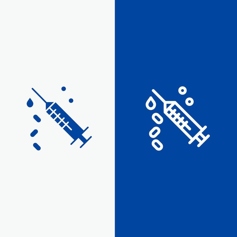 iniezione siringa vaccino trattamento linea e glifo solido icona blu bandiera vettore