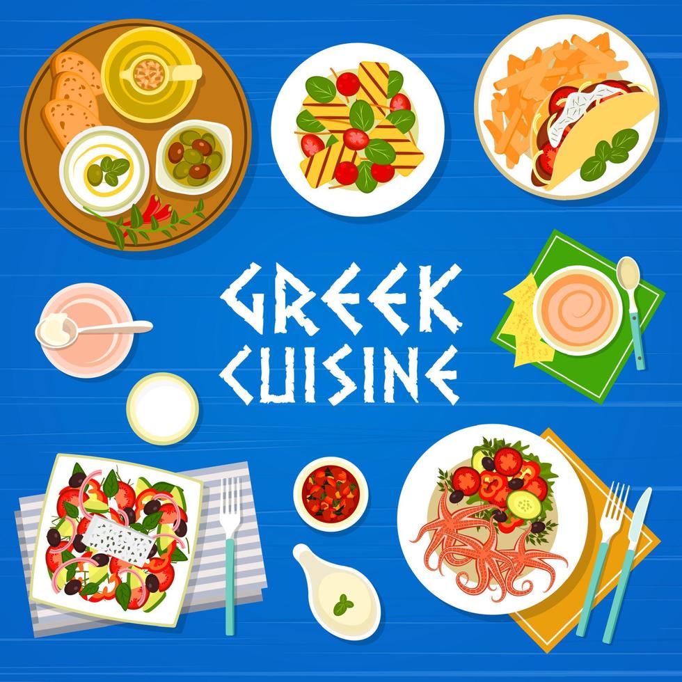 greco cibo, Grecia cucina ristorante menù copertina vettore