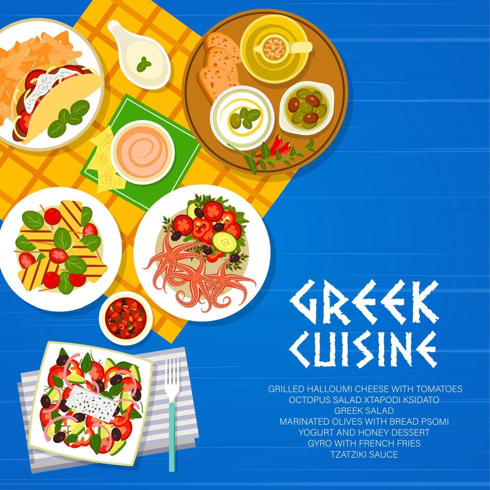 greco cucina, Grecia cibo e mediterraneo menù vettore