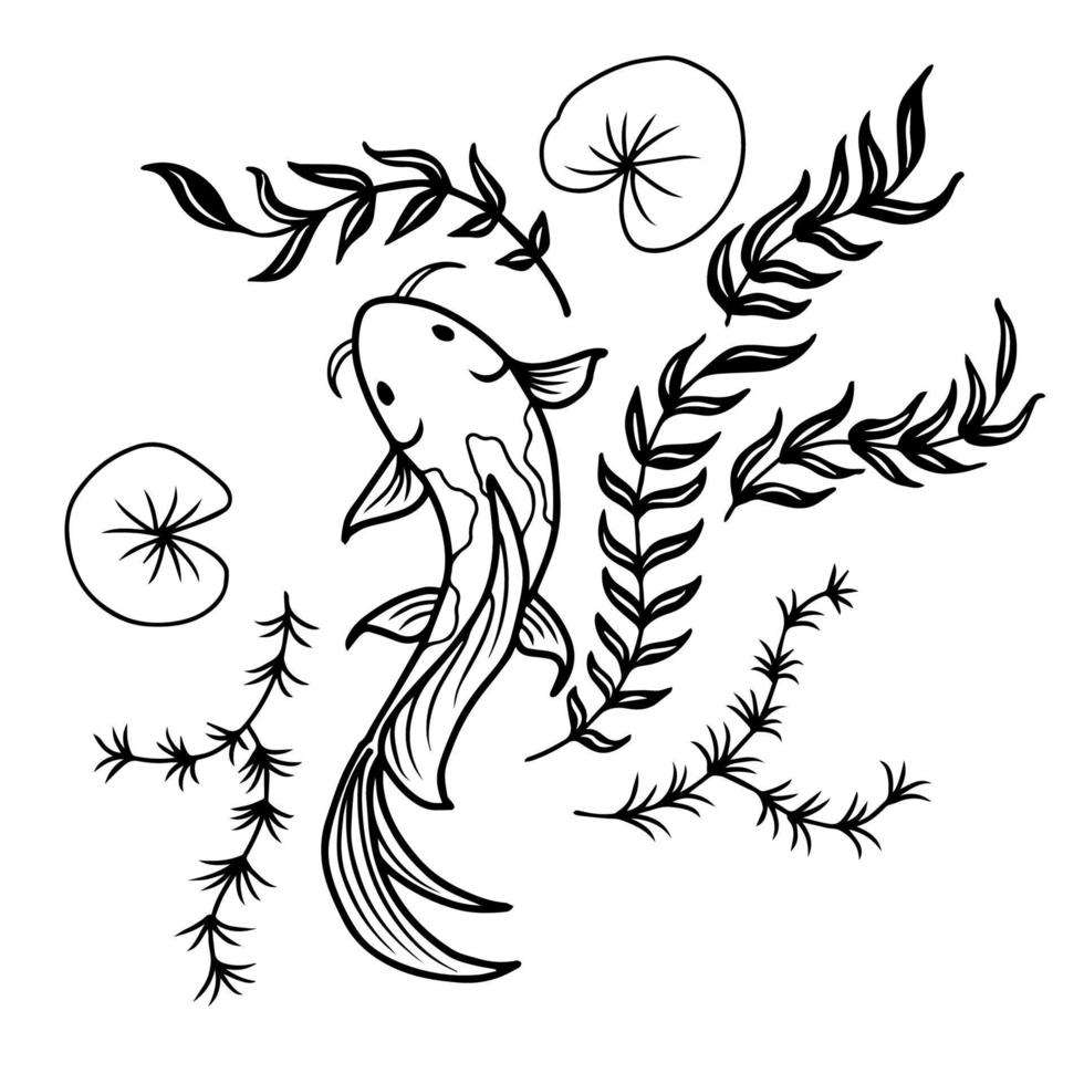 Stampa design illustrazione asiatico koi pesce arte linea vettore