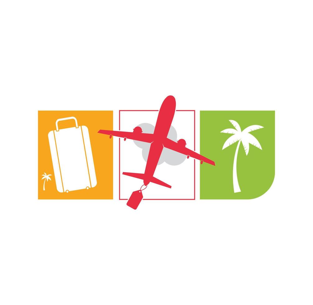 viaggio logo disegno, vacanza Borsa, palma albero e aereo icona, attività commerciale viaggio, turismo, aereo vettore illustrazione.