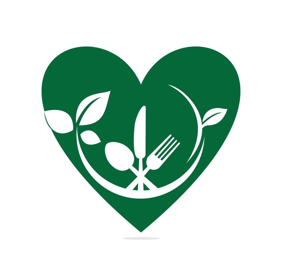 salutare cibo cuore forma concetto logo modello vettore design con cucchiai, forchette e verde le foglie.