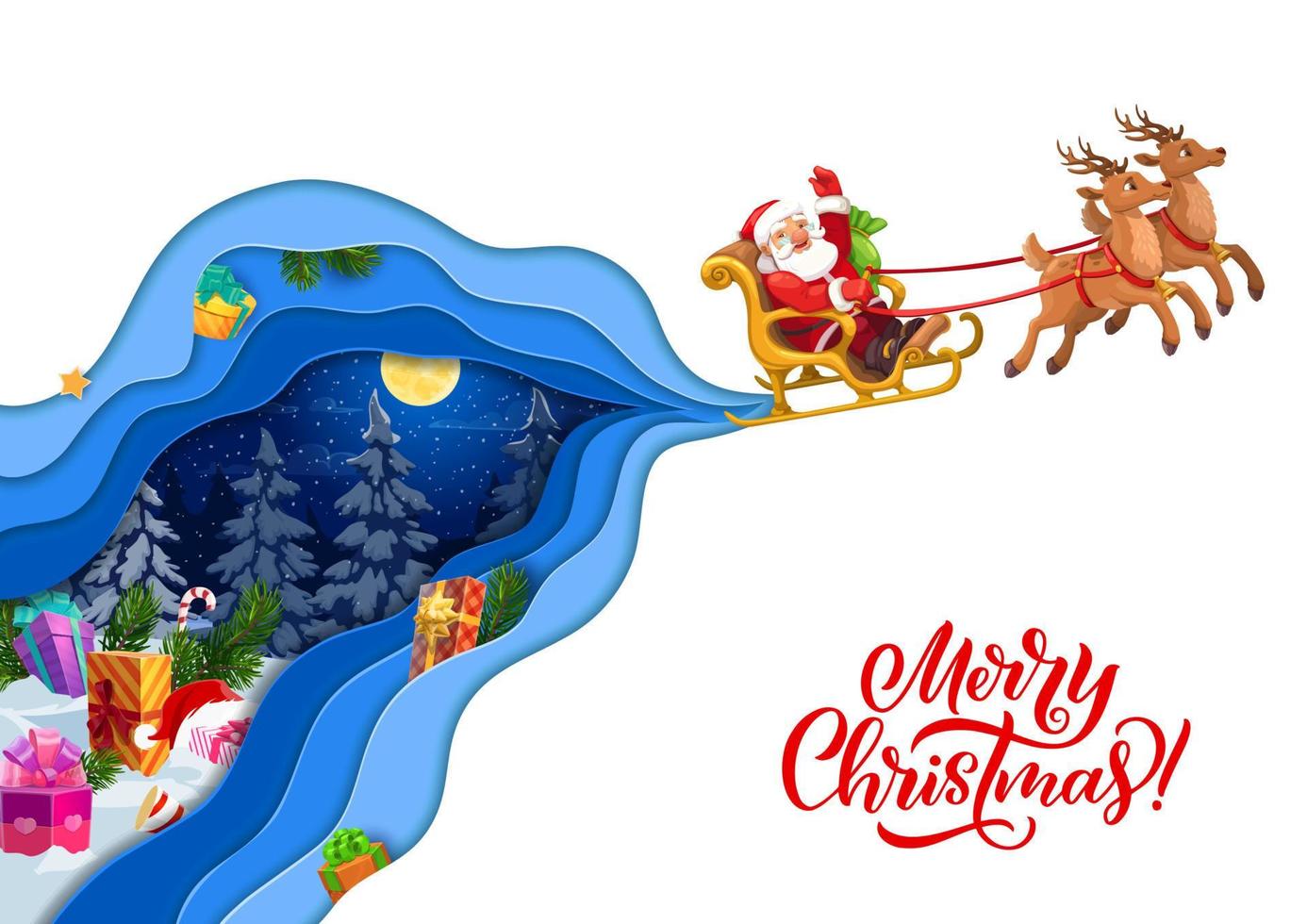 Natale carta tagliare cartone animato volante Santa su slitta vettore