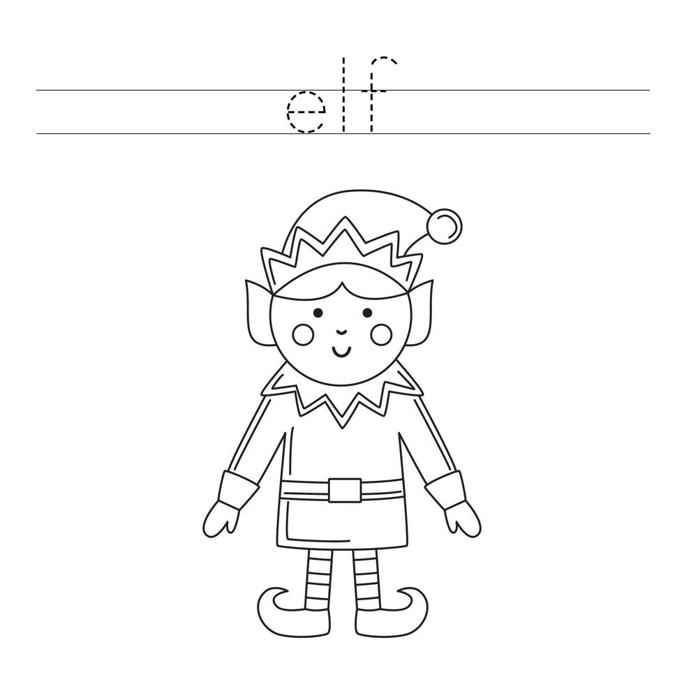 traccia le lettere e colora l'elfo di natale. pratica di scrittura a mano per bambini. vettore