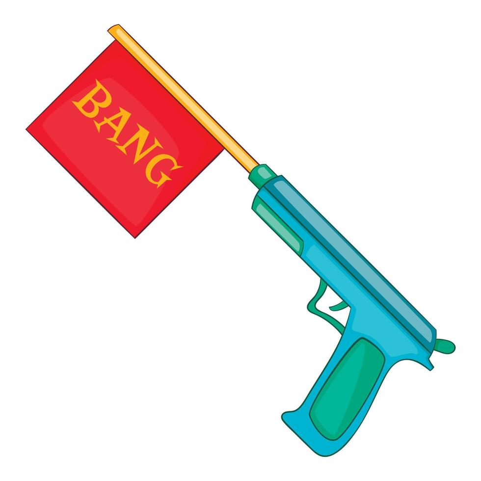 pistola con scoppio bandiera icona, cartone animato stile vettore