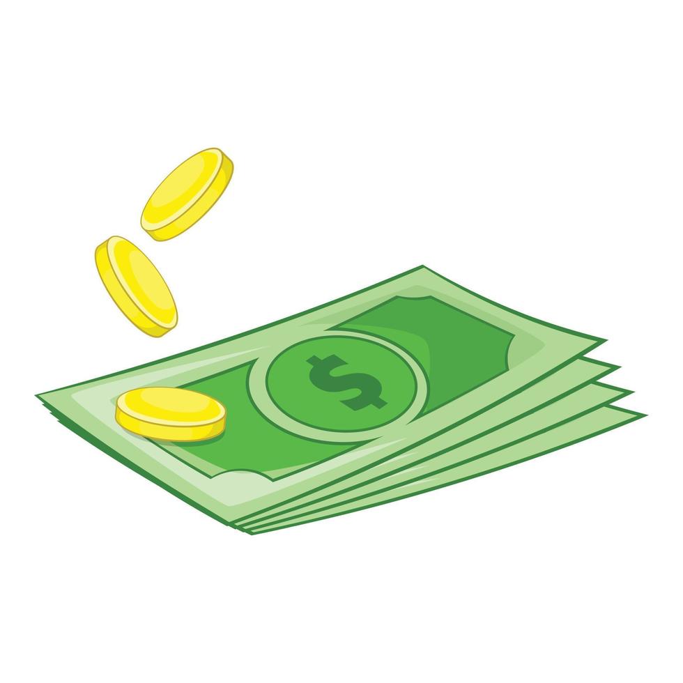 dollari e monete icona, cartone animato stile vettore