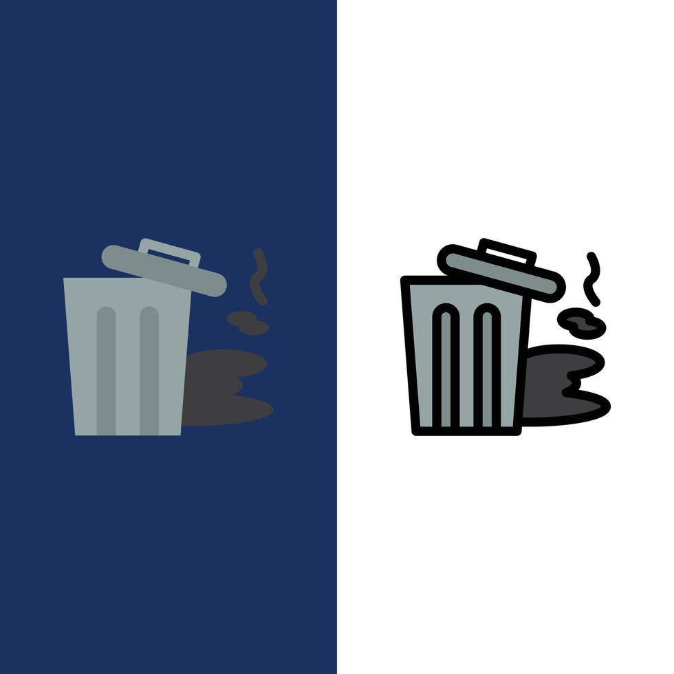 ambiente spazzatura inquinamento spazzatura icone piatto e linea pieno icona impostato vettore blu sfondo