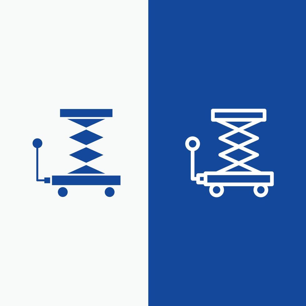 auto costruzione sollevamento forbice linea e glifo solido icona blu bandiera linea e glifo solido icona blu bandiera vettore