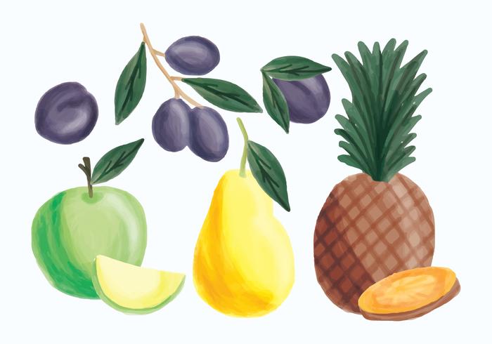 Vettore disegnato a mano ananas, mela, pera e prugne