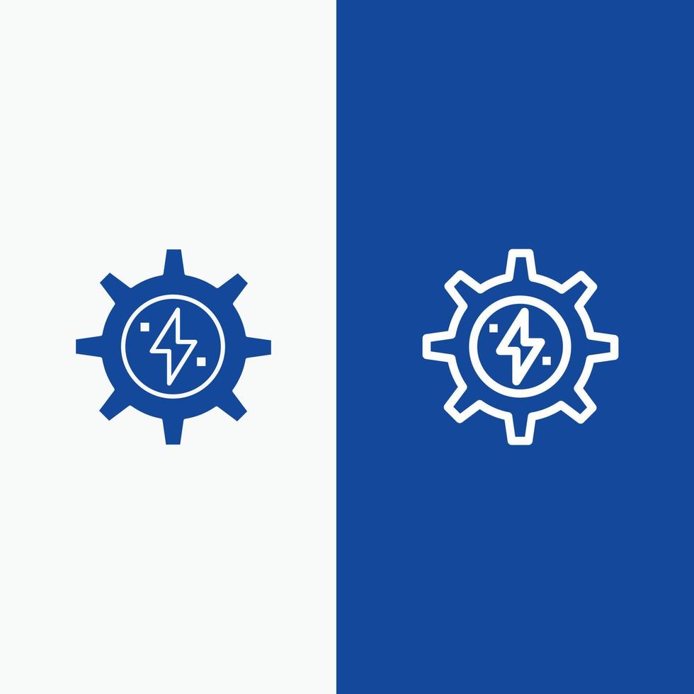 Ingranaggio energia solare energia linea e glifo solido icona blu bandiera linea e glifo solido icona blu bandiera vettore