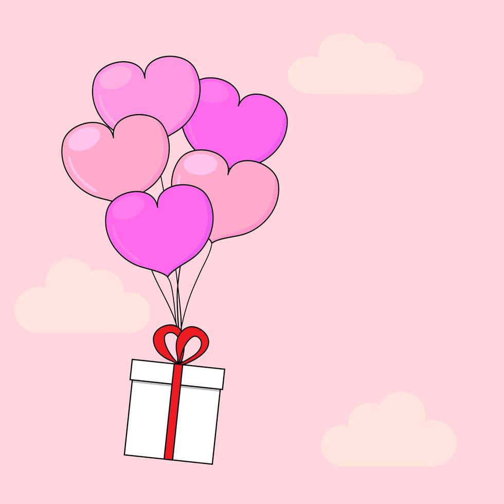 saluto carta di amore e San Valentino giorno con mazzo di cuore baloons con regalo nel nuvole. vettore illustrazione