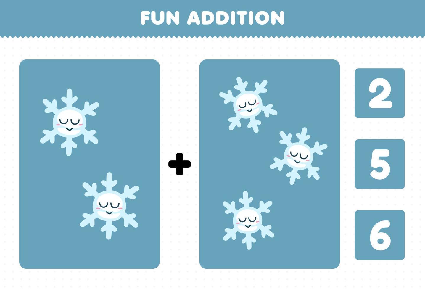 formazione scolastica gioco per bambini divertimento aggiunta di contare e scegliere il corretta risposta di carino cartone animato fiocco di neve stampabile inverno foglio di lavoro vettore