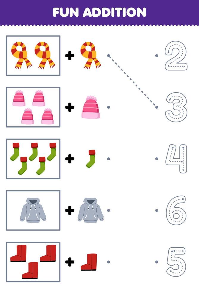 formazione scolastica gioco per bambini divertimento conteggio e Inserisci uno Di Più cartone animato sciarpa Beanie calzino felpa con cappuccio stivale poi scegliere il corretta numero inverno foglio di lavoro vettore