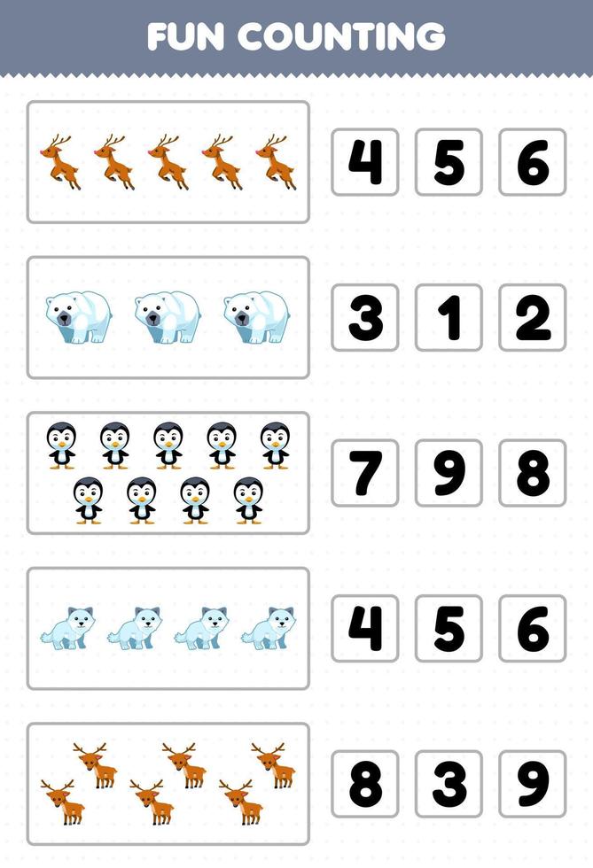 formazione scolastica gioco per bambini divertimento conteggio e la scelta il corretta numero di carino cartone animato cervo polare orso pinguino artico Volpe stampabile inverno foglio di lavoro vettore