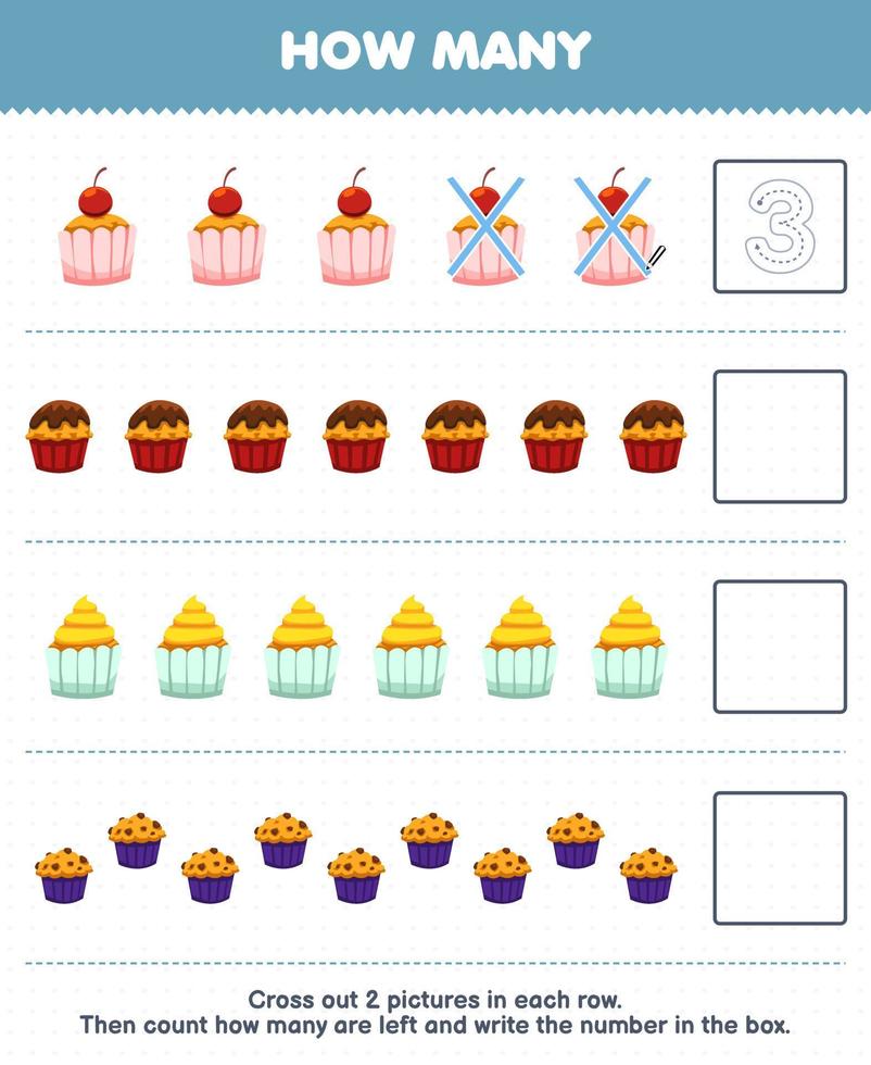 formazione scolastica gioco per bambini contare Come molti cartone animato Cupcake focaccina e Scrivi il numero nel il scatola stampabile cibo foglio di lavoro vettore