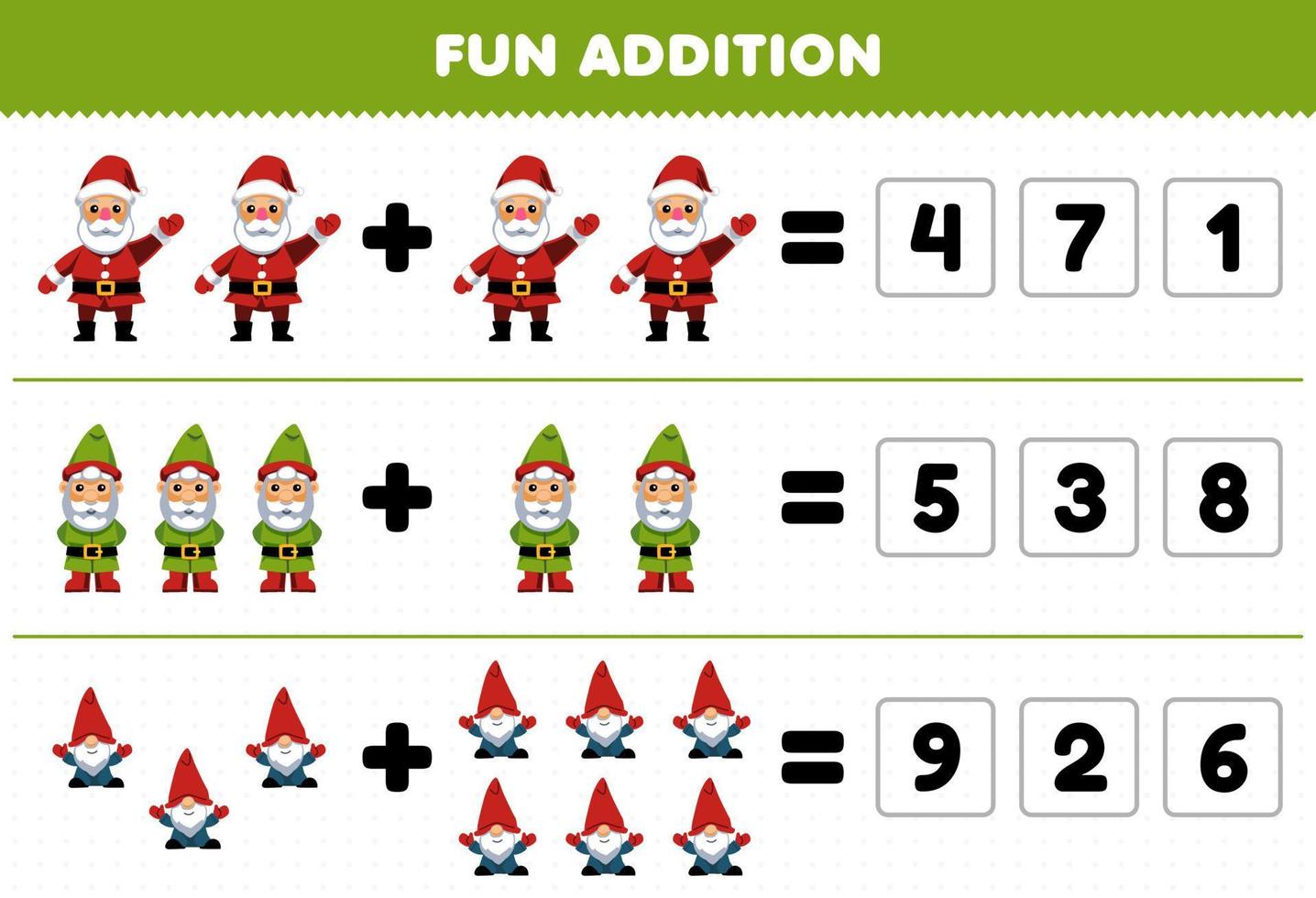 formazione scolastica gioco per bambini divertimento aggiunta di indovina il corretta numero di carino cartone animato Santa e gnomo stampabile inverno foglio di lavoro vettore