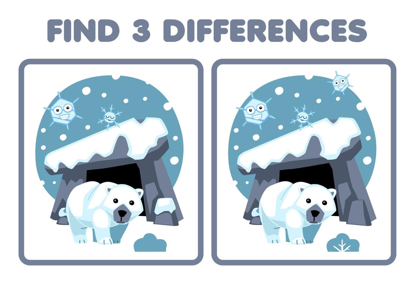 formazione scolastica gioco per bambini trova tre differenze fra Due carino cartone animato polare orso nel davanti di tana stampabile inverno foglio di lavoro vettore