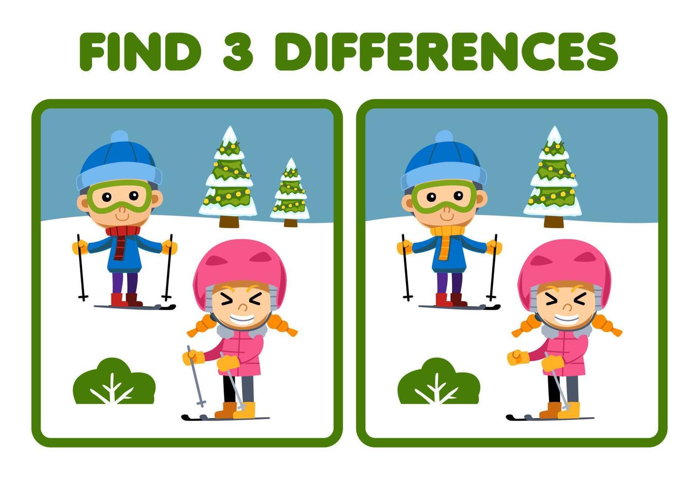 formazione scolastica gioco per bambini trova tre differenze fra Due carino cartone animato ragazzo e ragazza giocando sciare stampabile inverno foglio di lavoro vettore