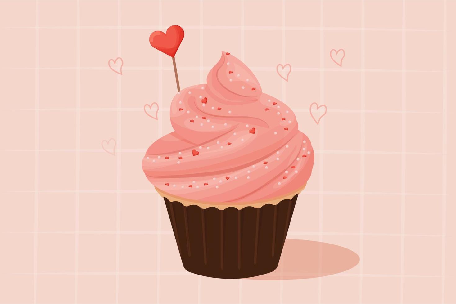 Cupcake con rosa crema, gustoso delizioso dolce con cuore decorazione. dolce cibo, San Valentino giorno celebrazione. clipart, design elemento. vettore illustrazione