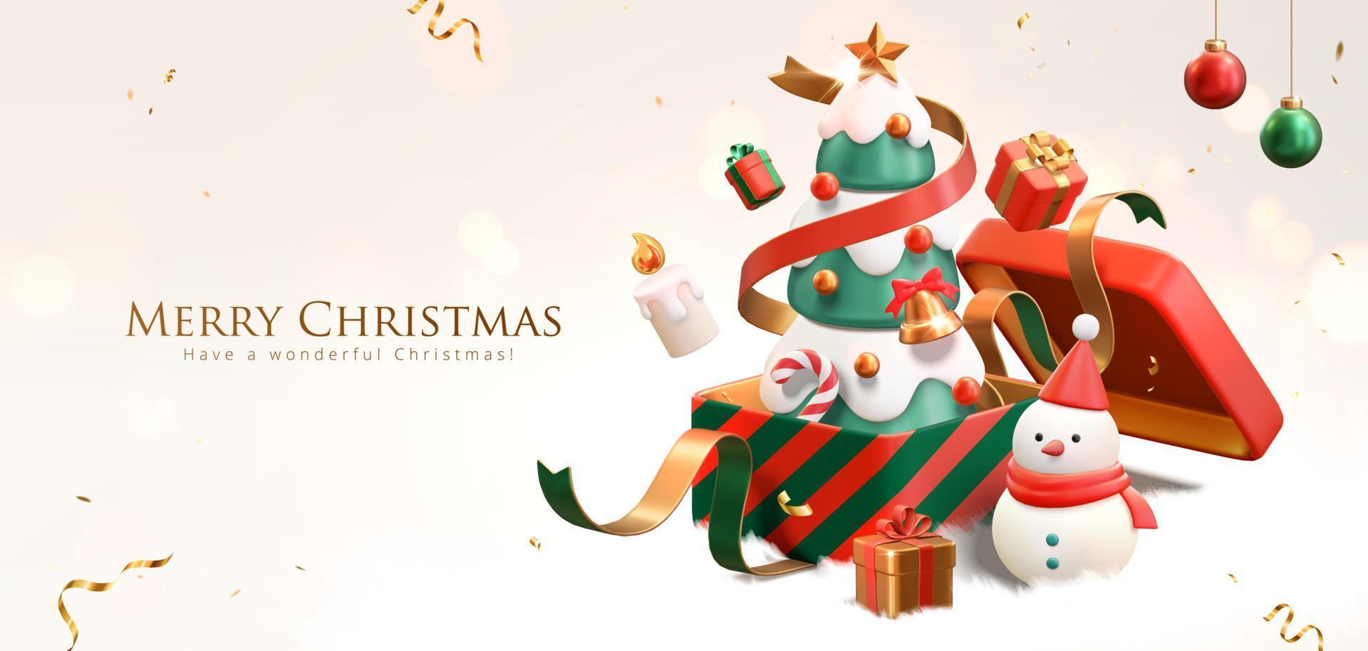 3d Natale striscione. un' Natale albero nel regalo scatola con Natale ornamento in giro il bianca sfondo vettore