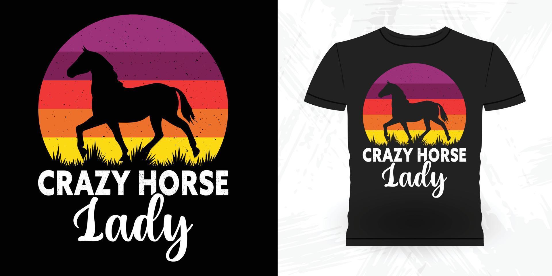 pazzo cavallo signora divertente equitazione cavallo retrò Vintage ▾ cavallo maglietta design vettore
