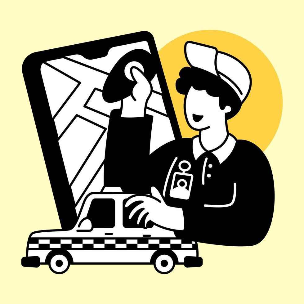 Taxi autista guardare per destinazione Posizione con smartphone. piatto design moderno vettore illustrazione concetto