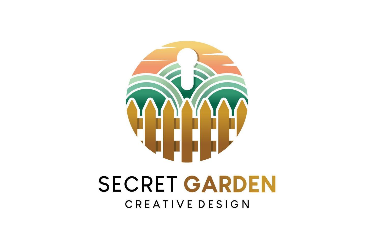 segreto giardino logo disegno, logo vettore illustrazione di un' di legno recinto e giardino icona con un' serratura icona nel un' cerchio