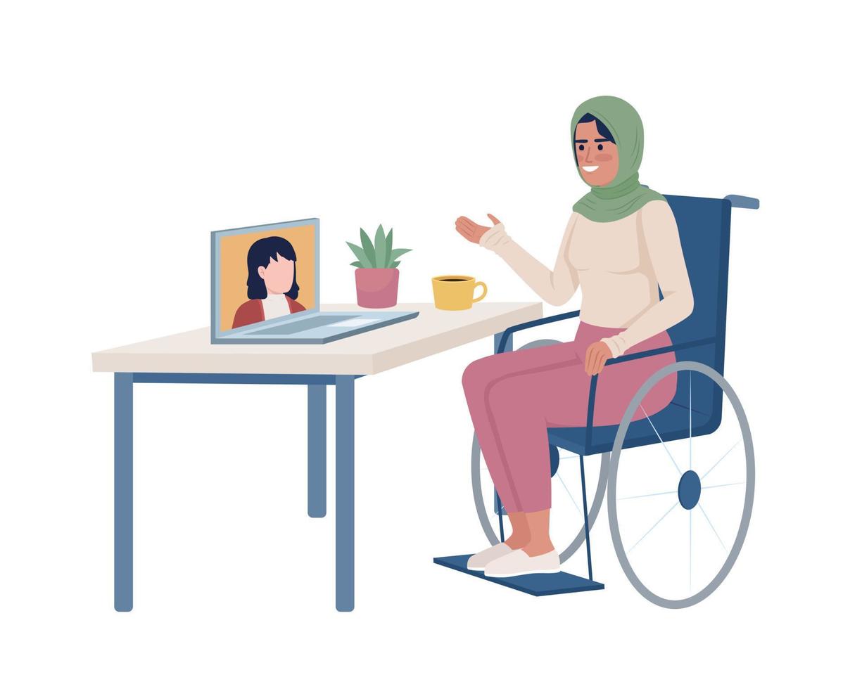 Disabilitato signora utilizzando videochat semi piatto colore vettore carattere. modificabile figura. pieno corpo persona su bianca. a distanza opera semplice cartone animato stile illustrazione per ragnatela grafico design e animazione