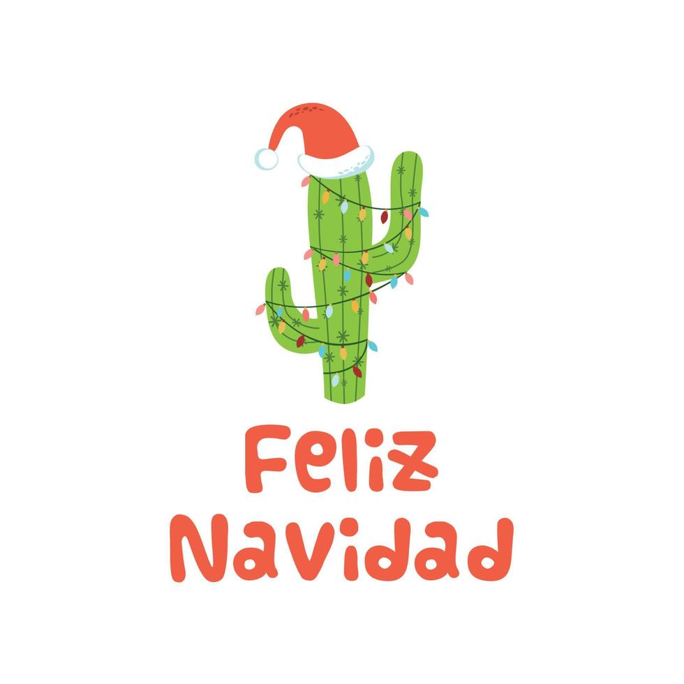Natale cactus nel Santa cappello testo allegro Natale nel spagnolo Natale leggero cactus alternativa Natale Stampa. contento vacanze. carino saluto carta. vettore illustrazione. mano disegnato Messico design.