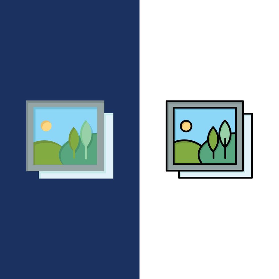 telaio galleria Immagine immagine icone piatto e linea pieno icona impostato vettore blu sfondo