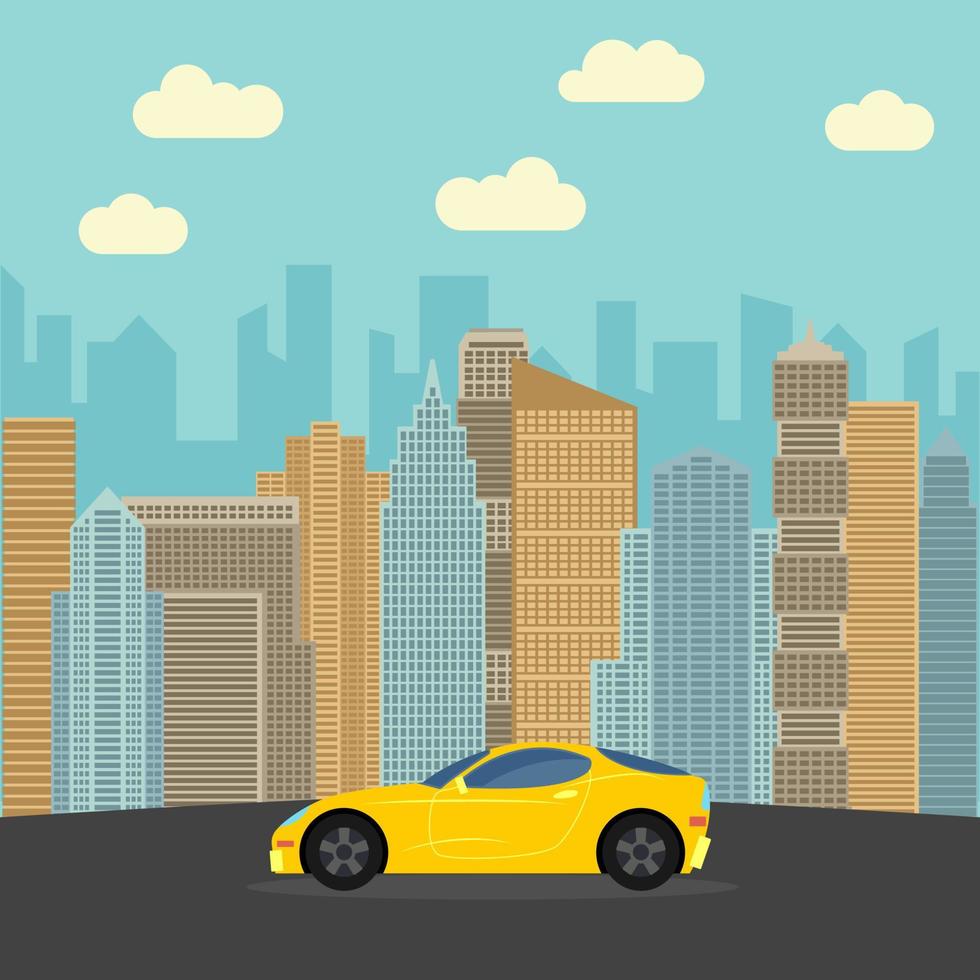 giallo gli sport auto nel il città. automobile su un' sfondo di grattacieli su un' soleggiato giorno. vettore illustrazione.