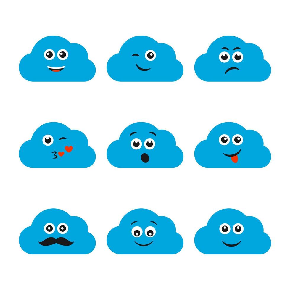 impostato di nuvole con sorrisi. nove blu nuvole con diverso sorridente. vettore illustrazione