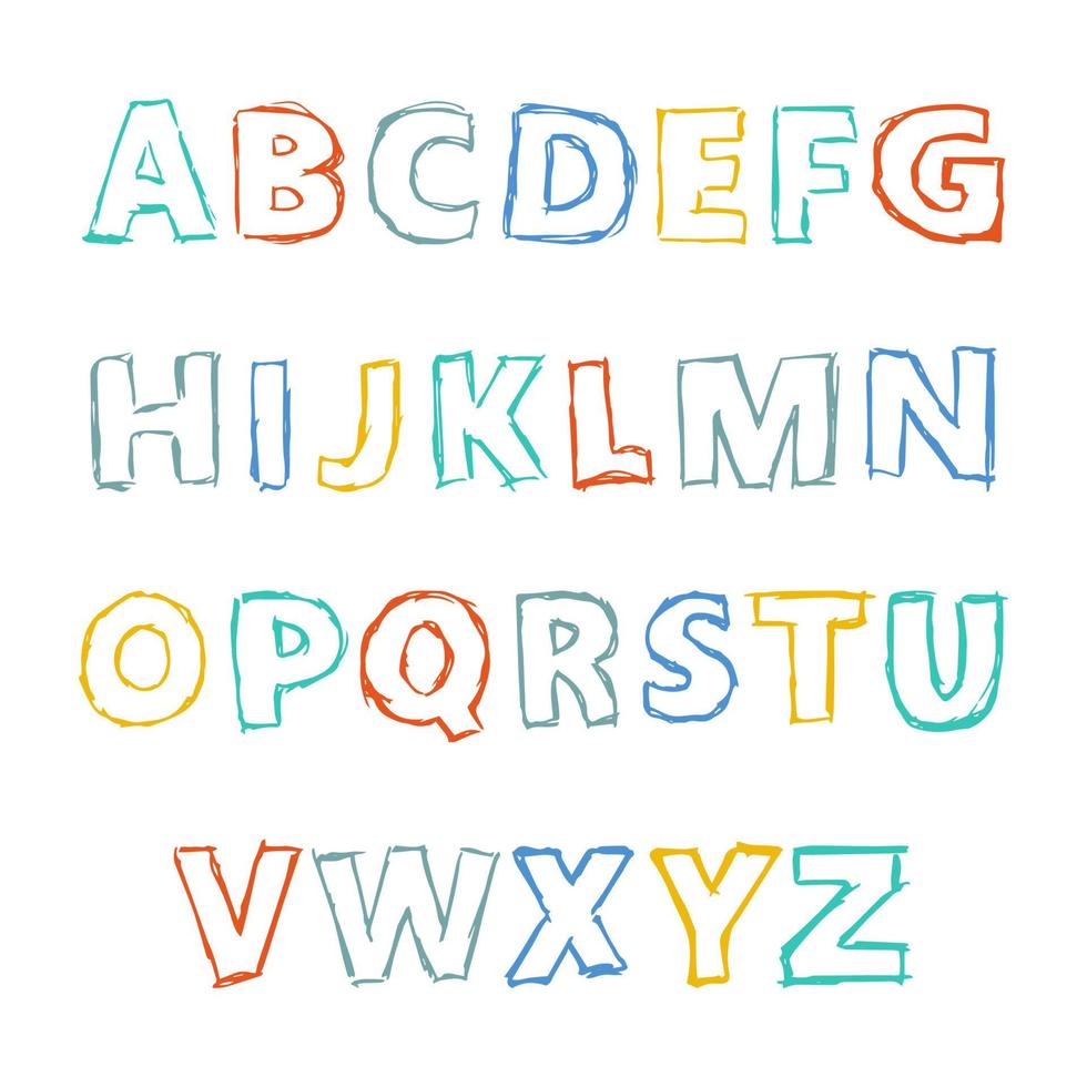 mano disegnato latino alfabeto lettere. maiuscolo moderno font e carattere tipografico. multicolore simboli su bianca sfondo. vettore illustrazione.