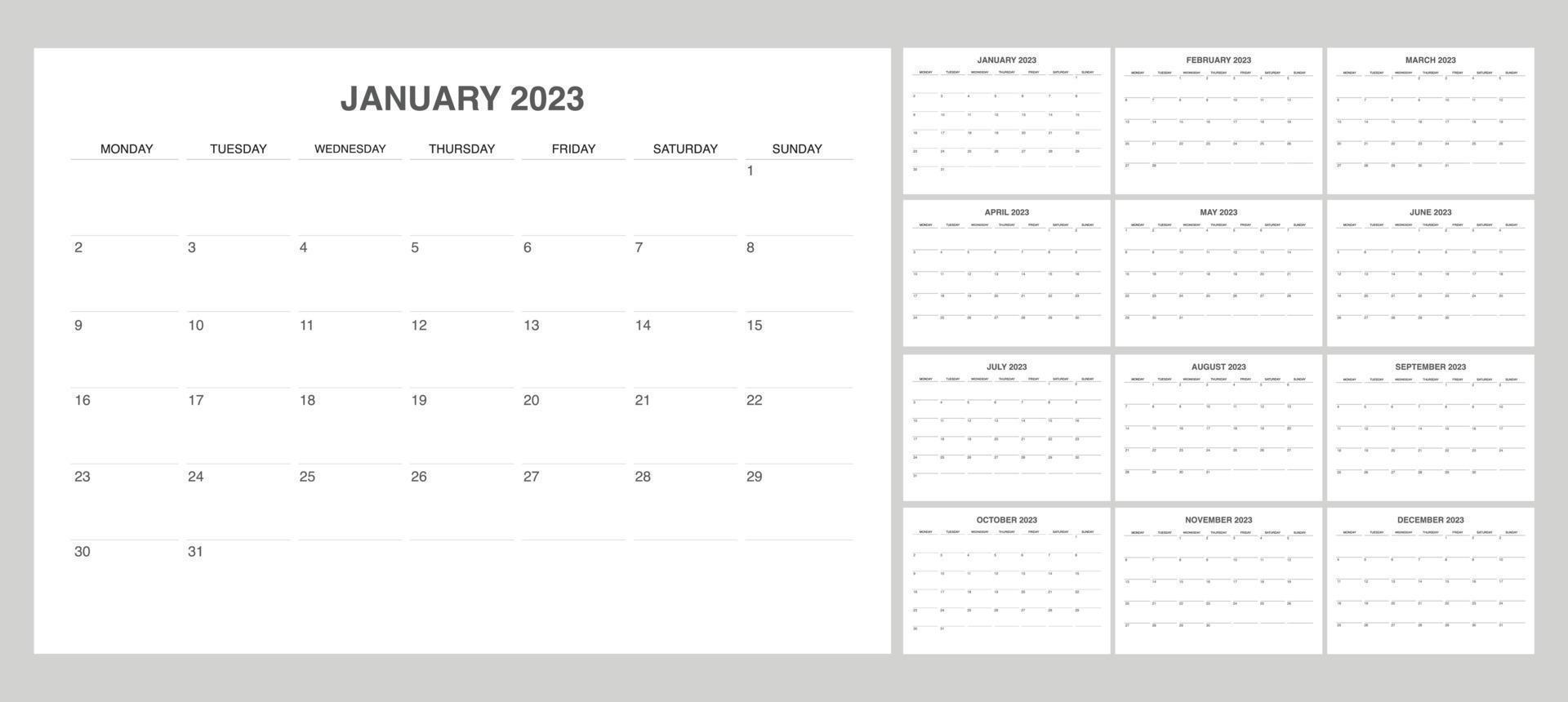 mensile calendario 2023 inizio a partire dal Lunedi vettore