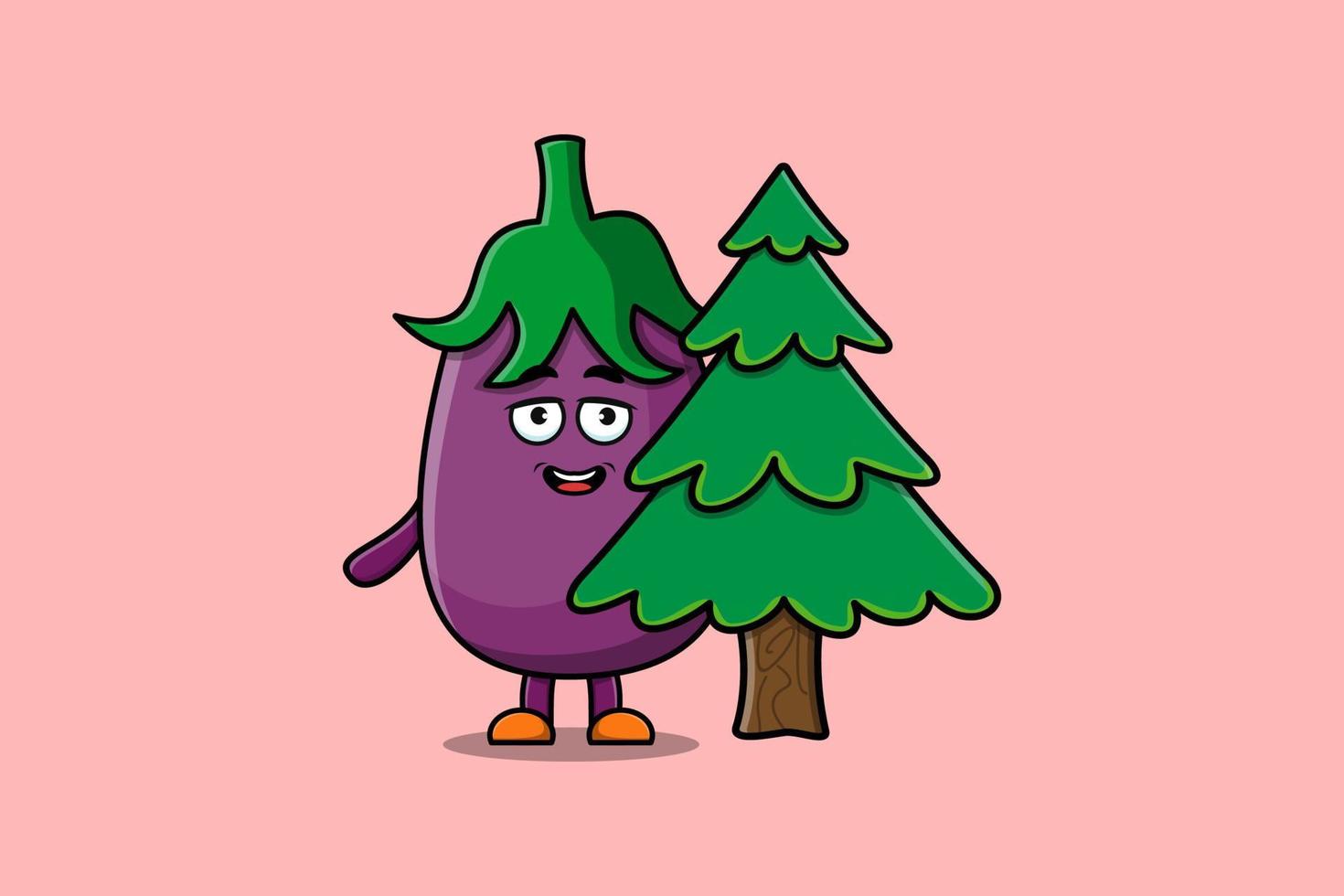 carino cartone animato melanzana personaggio nascondiglio albero vettore