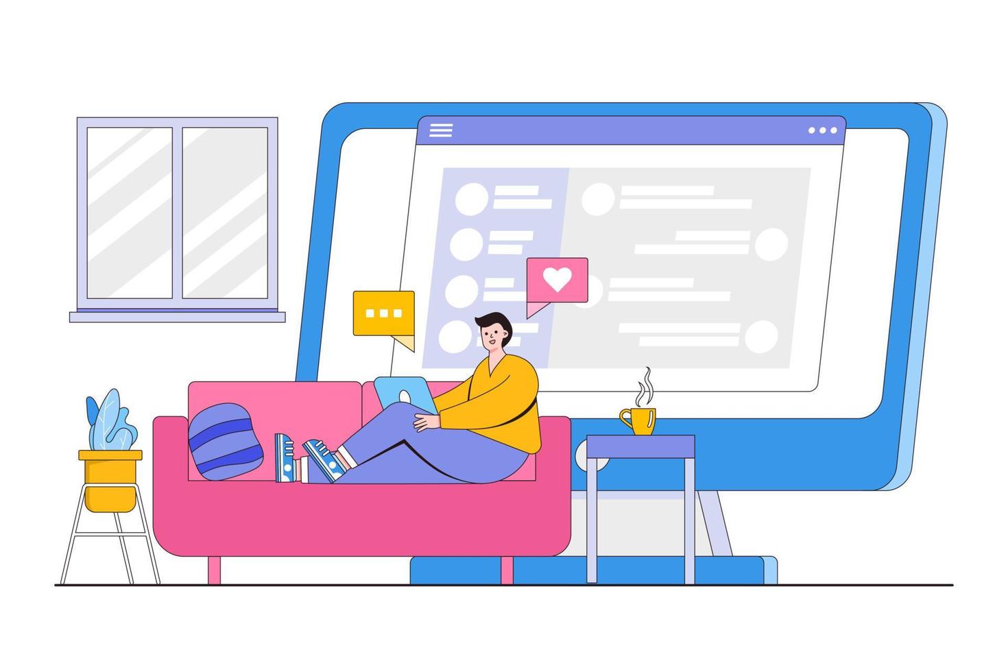 giovane uomo rilassante a divano con il computer portatile. il uomo chat con amici attraverso digitale dispositivo, sociale media. piatto cartone animato personaggio design per atterraggio pagina, ragnatela mobile e bandiera vettore