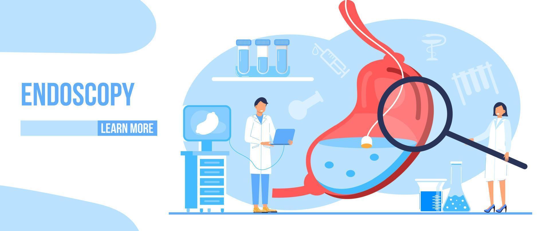 vettore di concetto di tecnologia sanitaria per endoscopia. piccoli dottori ricercano lo stomaco. illustrazione di gastroenterologia per il sito Web di blog medico