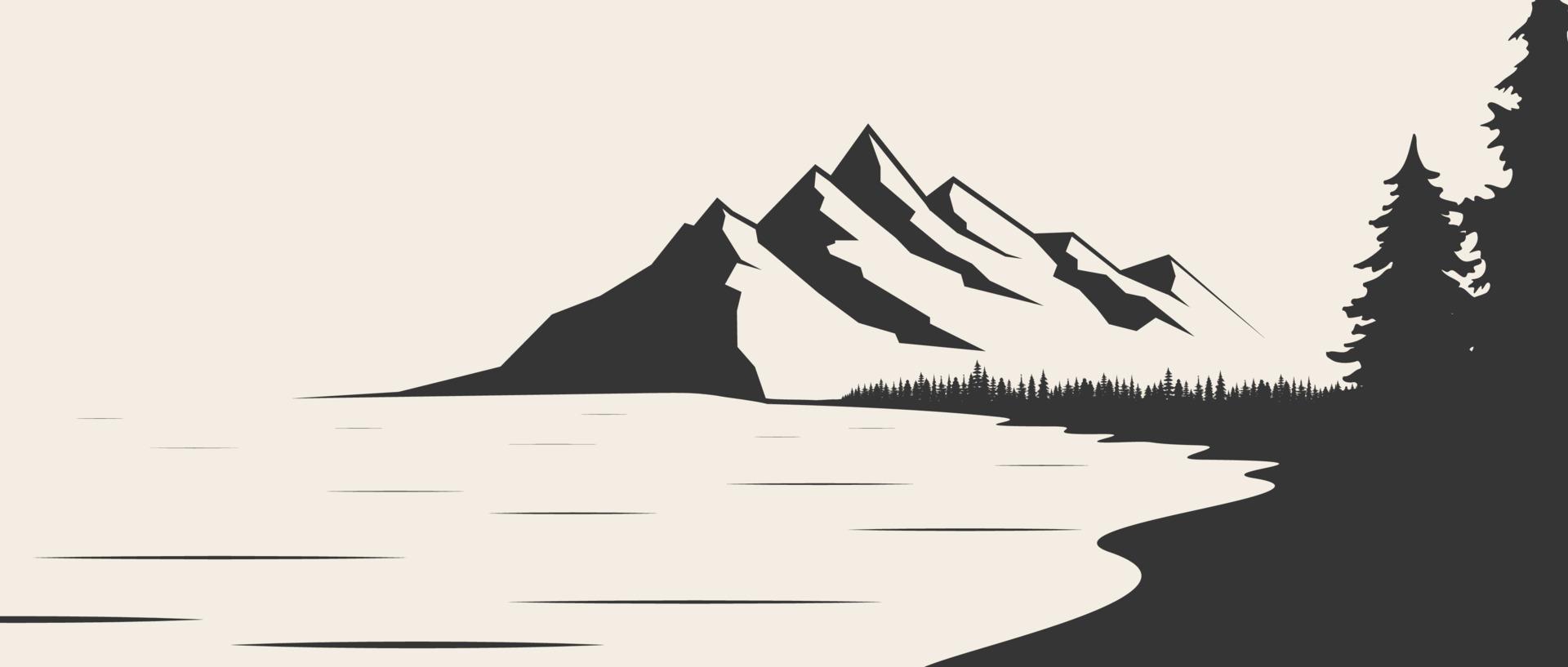 montagna lago silhouette grafico arte nero bianca paesaggio illustrazione vettore. montagna e lago nero e bianca illustrazione. montagna vettore illustrazione.