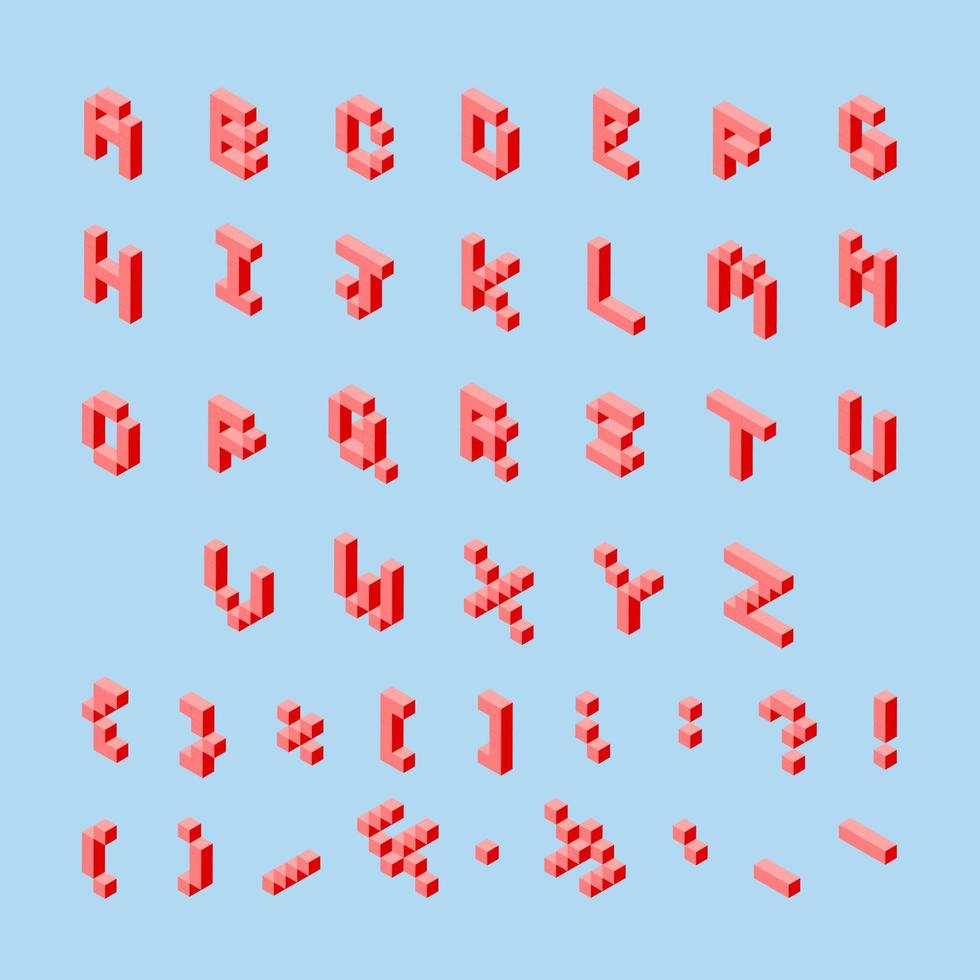 3 d pixel arte impostato di punteggiatura votazione e alfabeto nel isometrico sinistra. rosso segni e lettere su un' leggero blu sfondo vettore