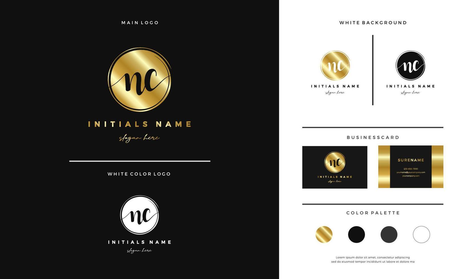 cerchio d'oro lettera nc n c iniziale logo design con grafia stile modello vettore